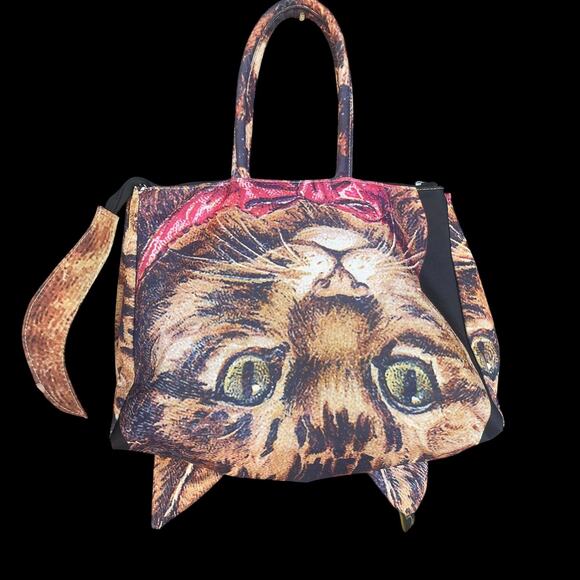 Ahcahcum Happy Clothing Tote Bag Womens Cat Face 3D Ears Turnlock Top Handle - Picture 1 of 12